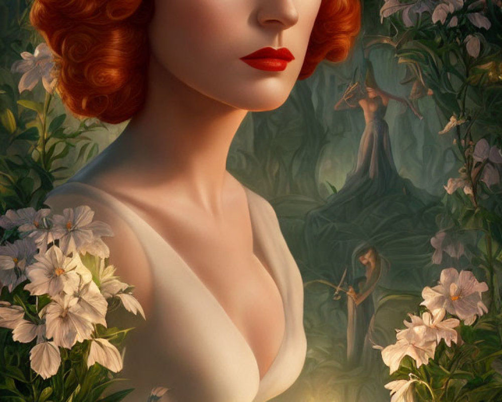 Red-haired woman in white dress with glowing flame in lush greenery