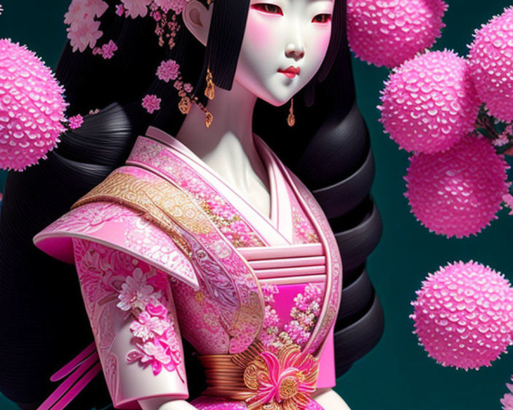 Digital art: Woman in pink kimono with sakura blossoms in elegant, otherworldly style