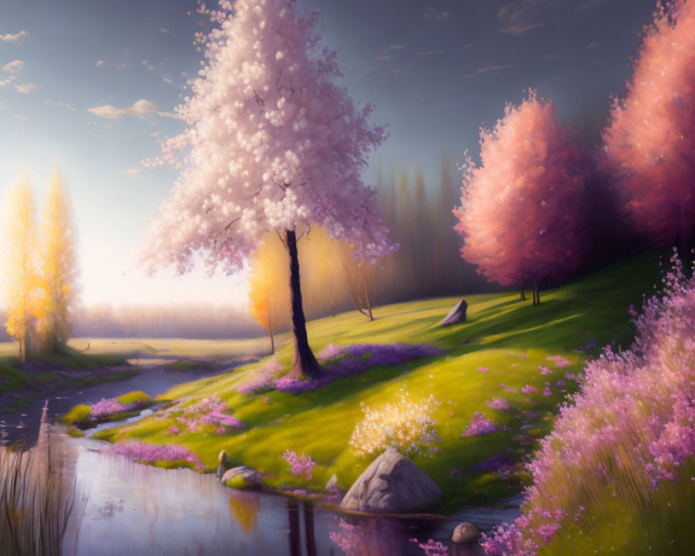 Tranquil landscape with pink cherry blossoms and golden trees