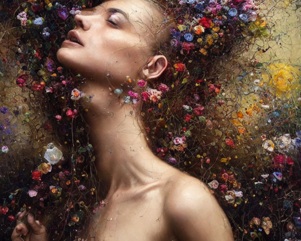 Serene woman surrounded by vibrant flowers