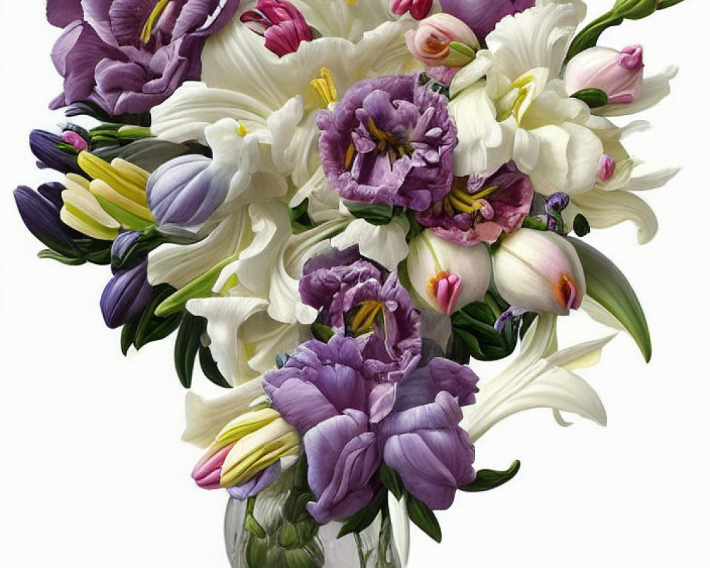 White and Purple Flower Bouquet in Clear Glass Vase