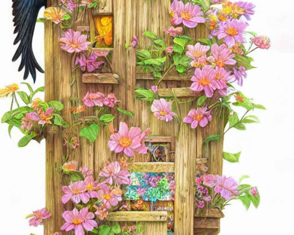 Vibrant bird illustration on wooden post with flowers and greenery