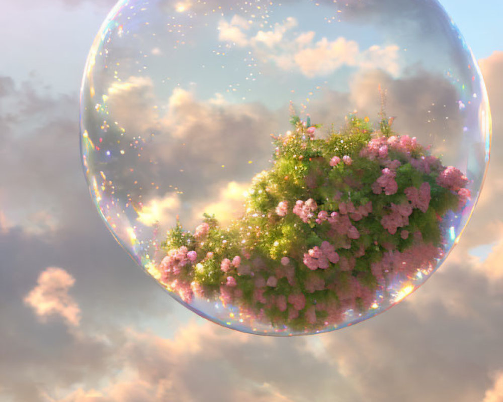 Lush green island with pink blossoms in floating bubble against dreamy sky