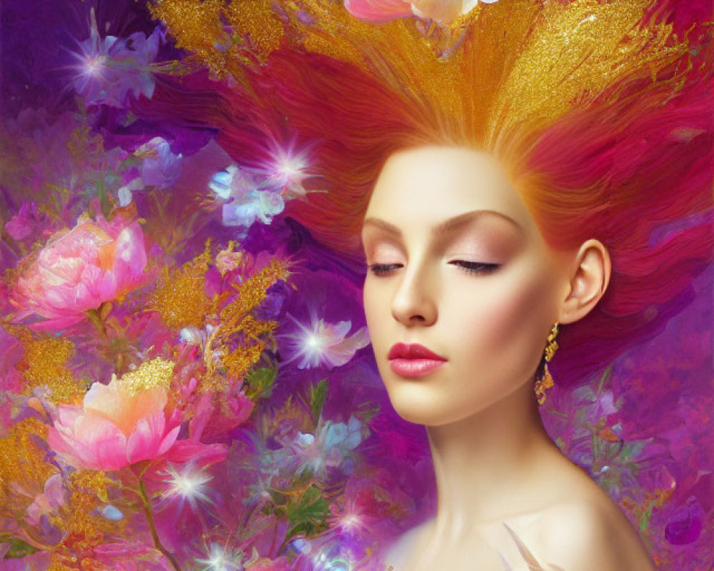 Vibrant red-haired woman portrait with colorful flowers on purple backdrop