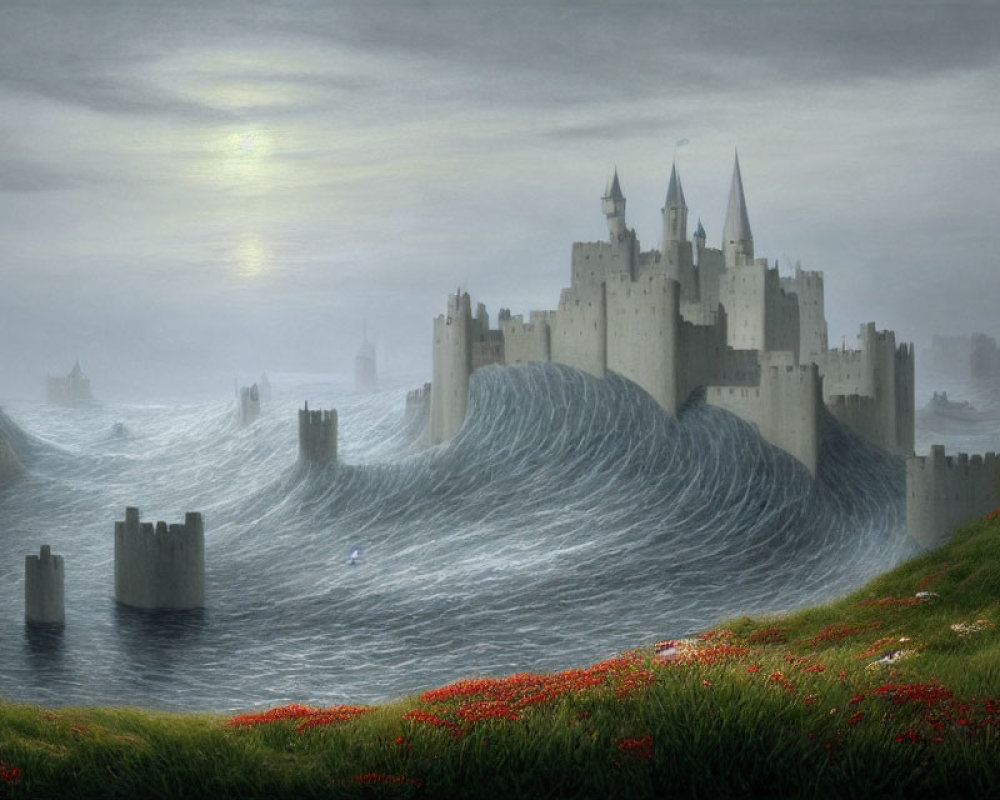 Fantasy landscape with castle on waves and red flowers in misty sky