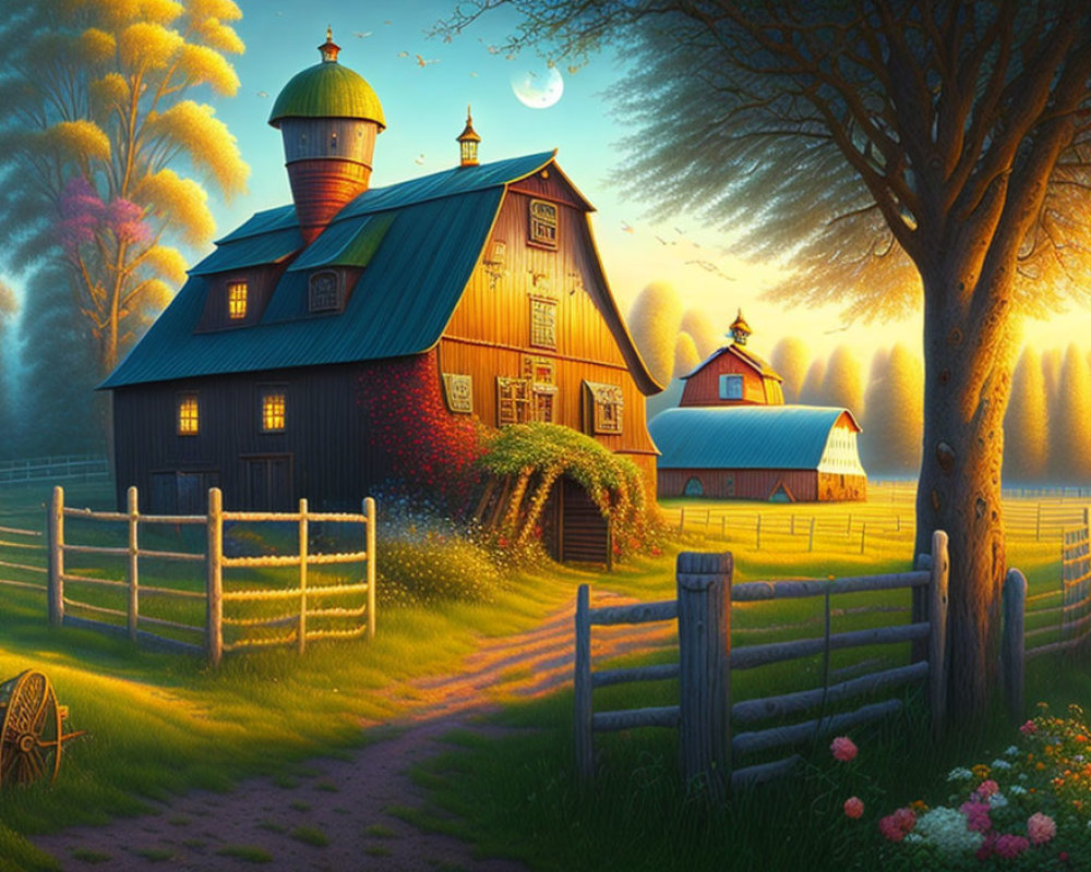 Vibrant blue barn in picturesque farm scene at sunset