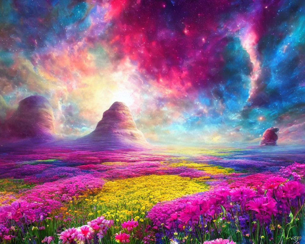 Colorful Flower Fields Under Vibrant Galaxy Sky with Nebula Hues