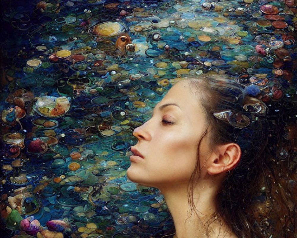 Serene woman floating among vibrant circles in dreamy scene