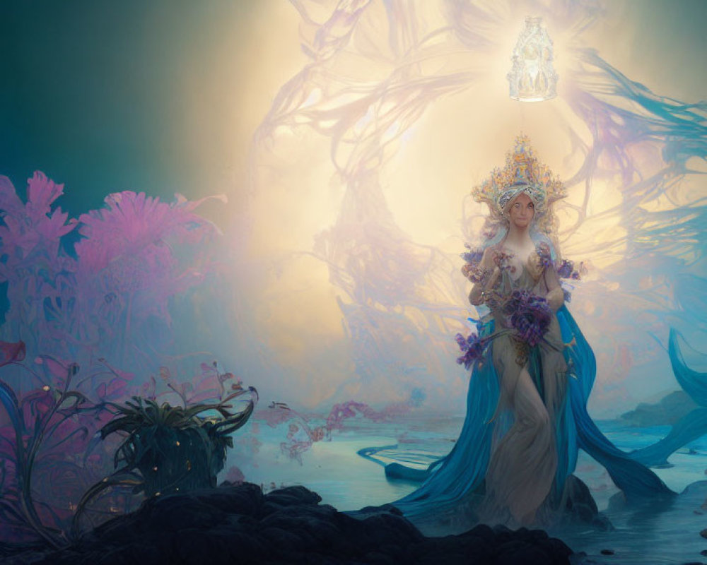 Elaborately Attired Mystical Figure in Vibrant Underwater Landscape