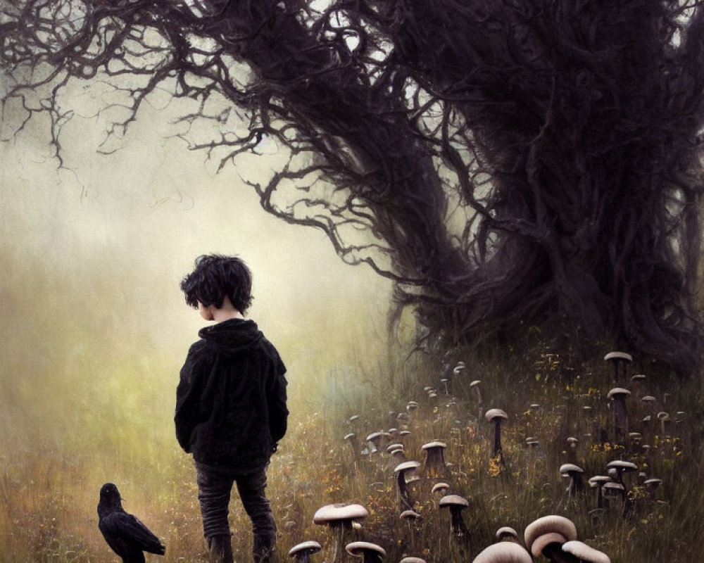 Child observing misty forest with gnarled trees, mushrooms, and black raven