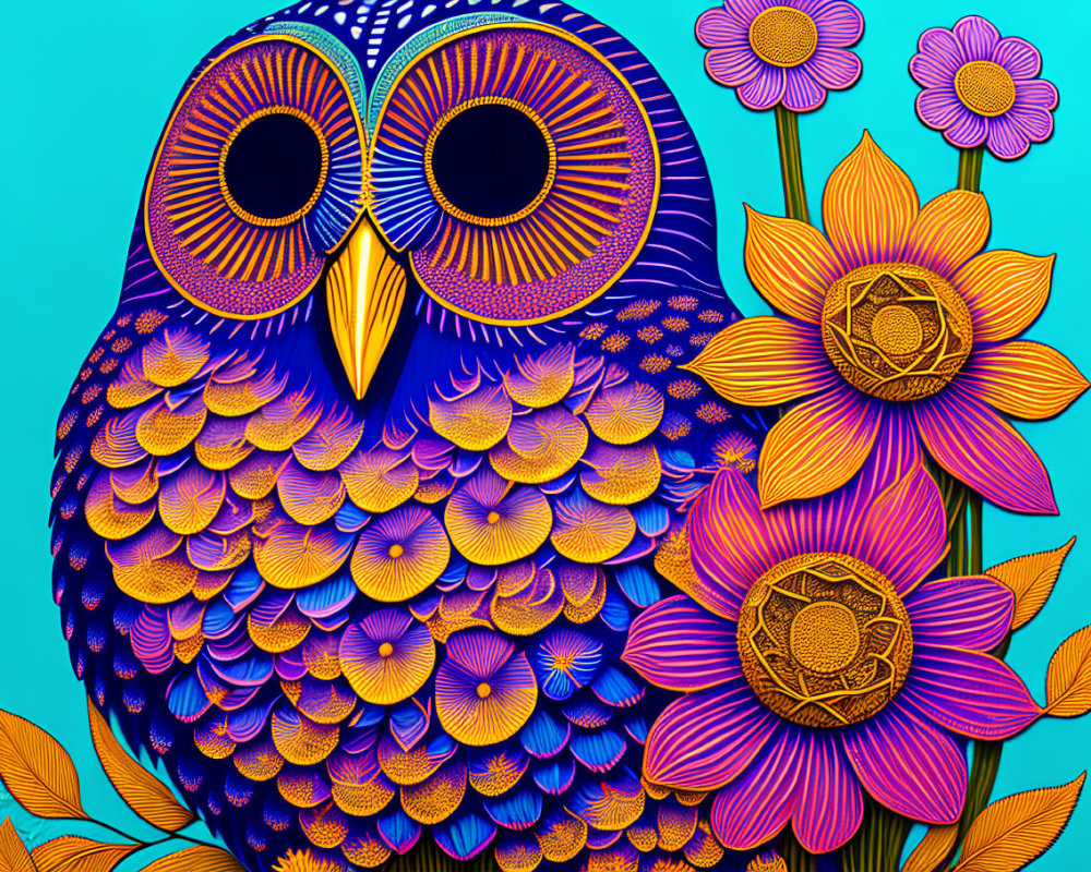 Vibrant Owl Artwork with Intricate Patterns and Flowers on Teal Background