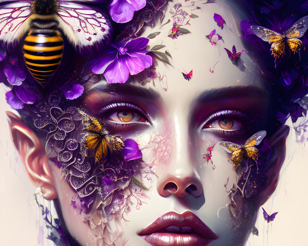 Digital portrait: Woman with violet floral and bee motifs, realistic butterflies