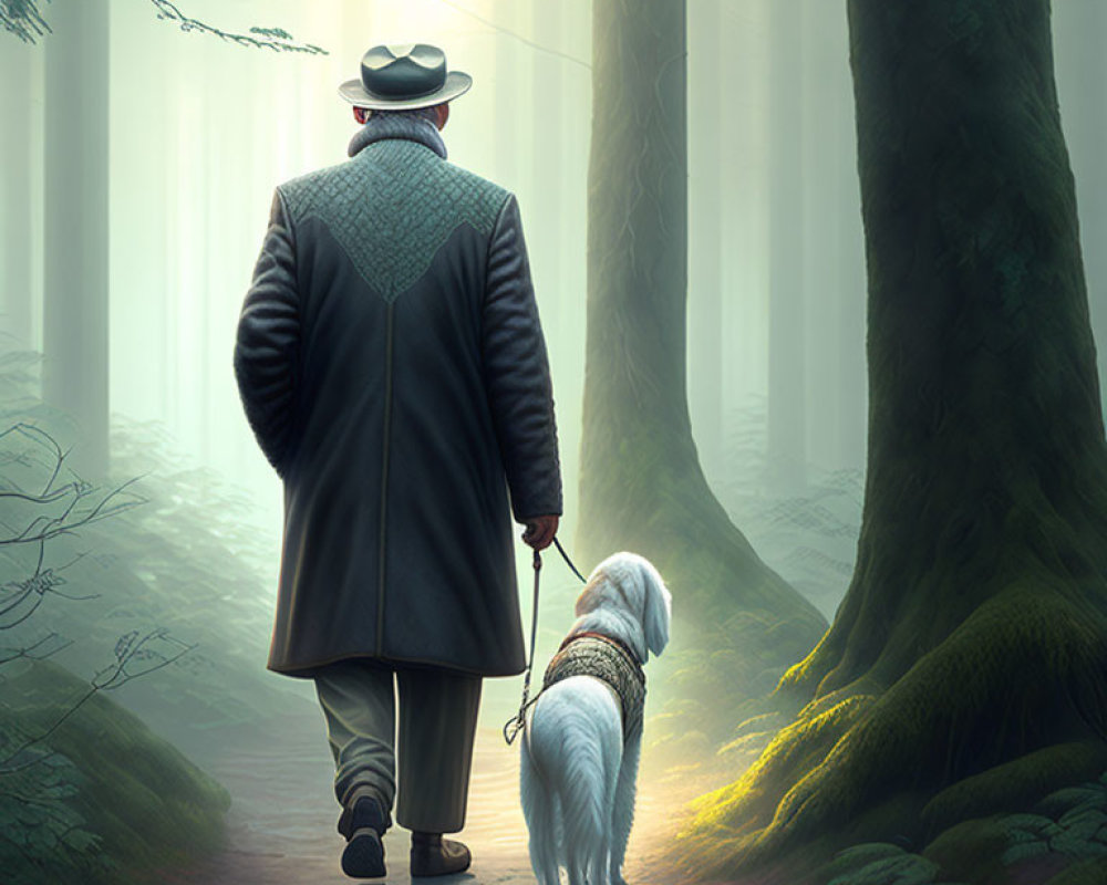 Elderly man with white dog in misty forest walk