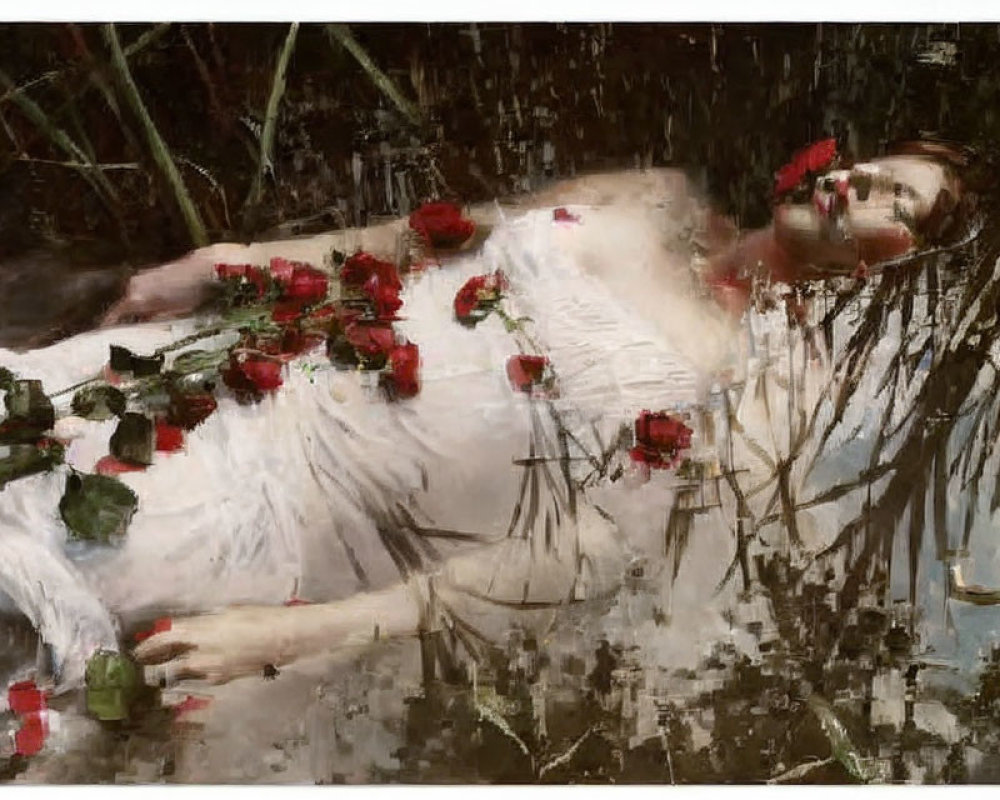 Woman in water with red roses on white dress - tranquil and somber portrait