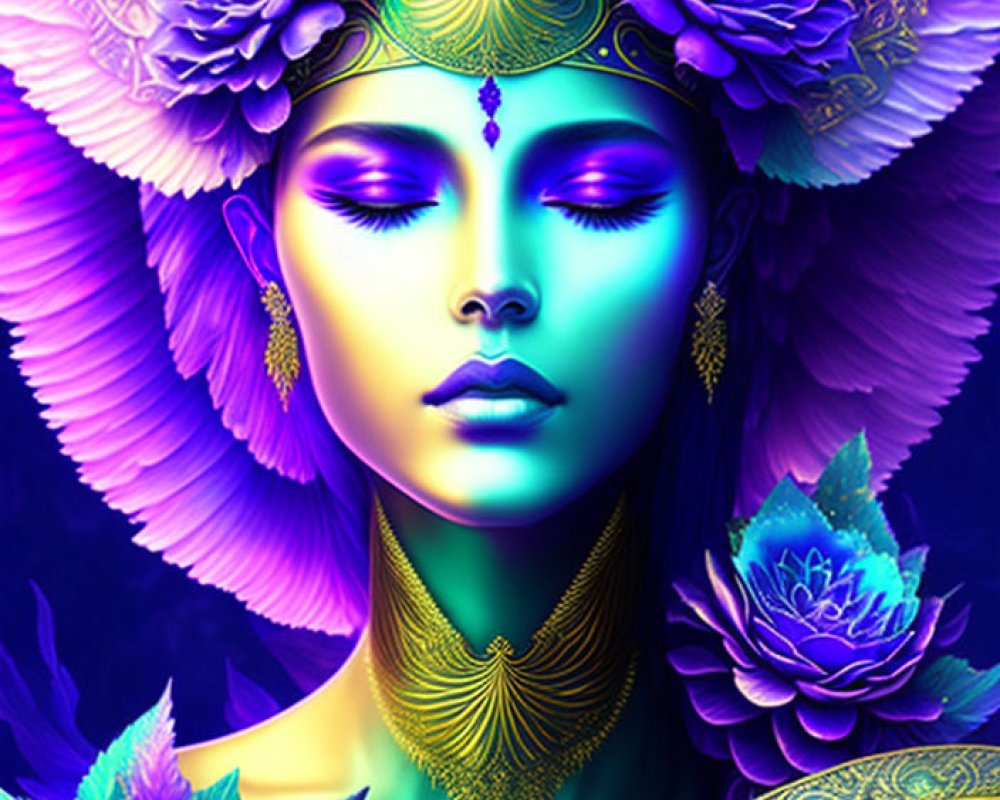 Colorful digital artwork of woman with ornate headdress and gold jewelry