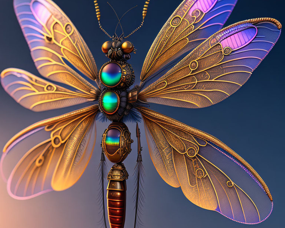 Detailed Illustration of a Colorful Mechanical Insect with Intricate Wings