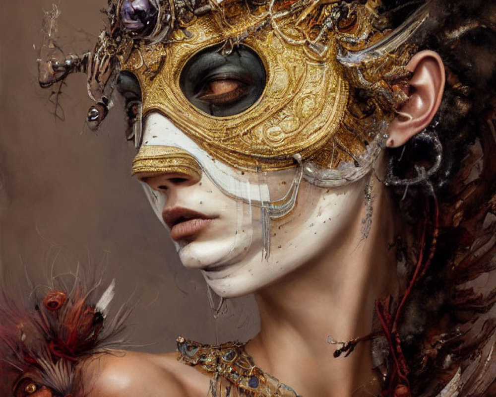 Intricate gold masquerade mask with jewels, textures, and feathered accessory on neutral background