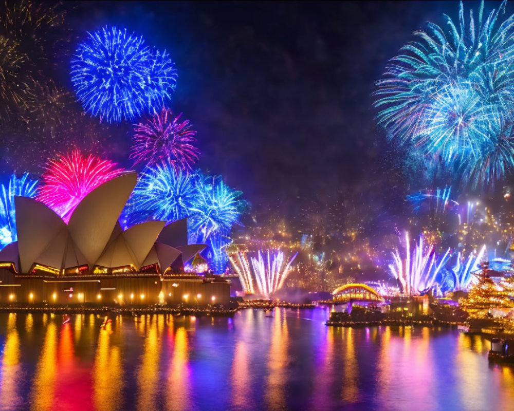 Colorful fireworks illuminate Sydney Opera House and its reflection on water