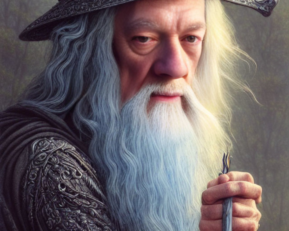 Elderly wizard with long white beard in ornate attire, holding staff in misty forest.