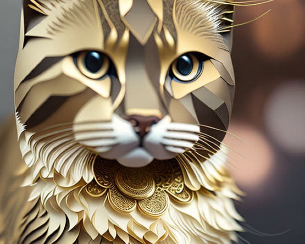 Golden geometric cat with intricate patterns and blue eyes