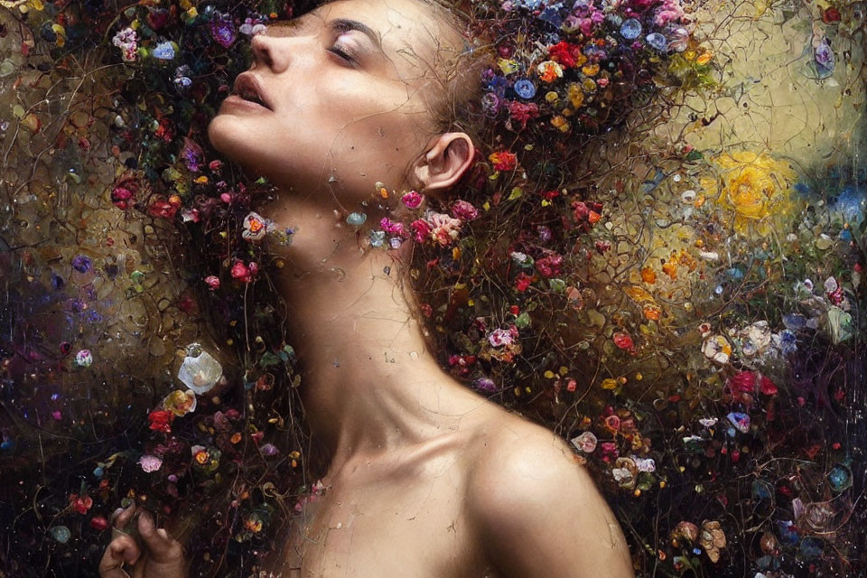 Serene woman surrounded by vibrant flowers