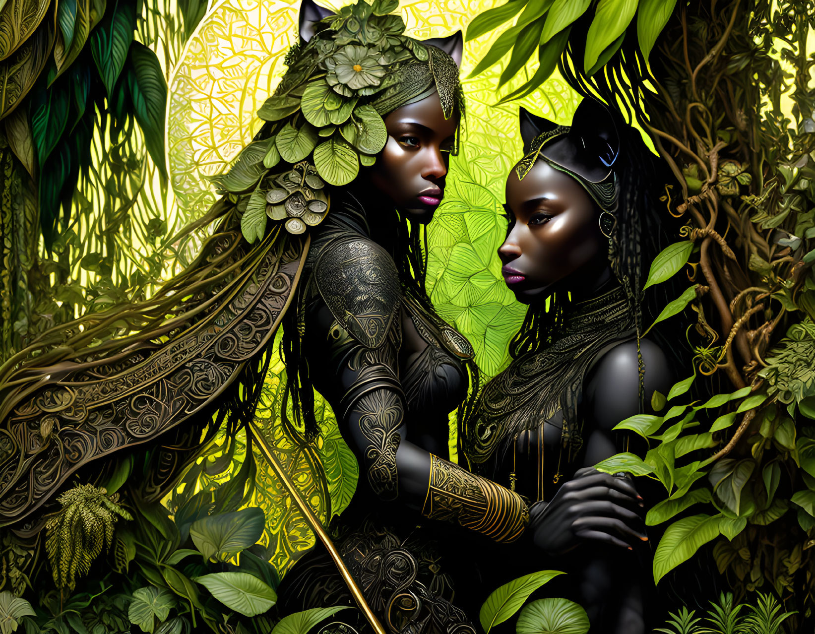 Stylized women with golden patterns in lush green foliage.