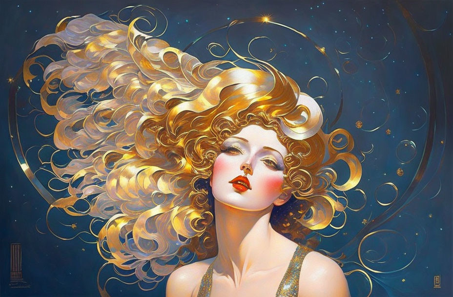 Illustrated portrait of woman with golden curls on celestial background