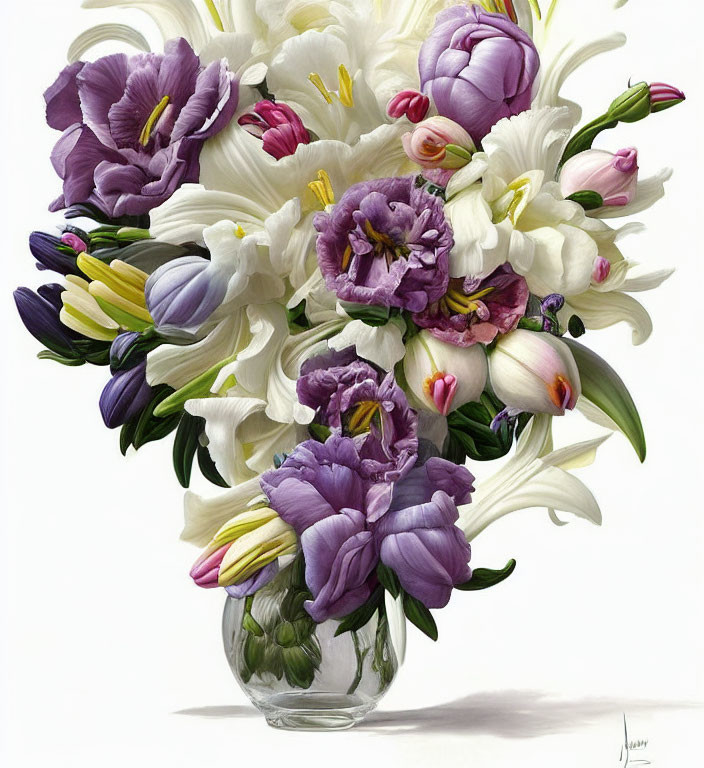 White and Purple Flower Bouquet in Clear Glass Vase