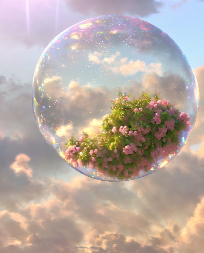 Lush green island with pink blossoms in floating bubble against dreamy sky