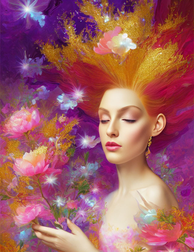 Vibrant red-haired woman portrait with colorful flowers on purple backdrop