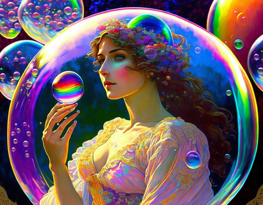 Woman with floral wreath gazes at bubble in colorful, iridescent setting