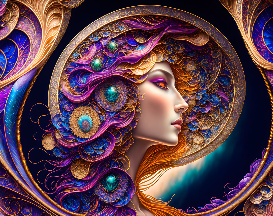 Digital artwork of woman with ornate peacock feather hair & golden patterns