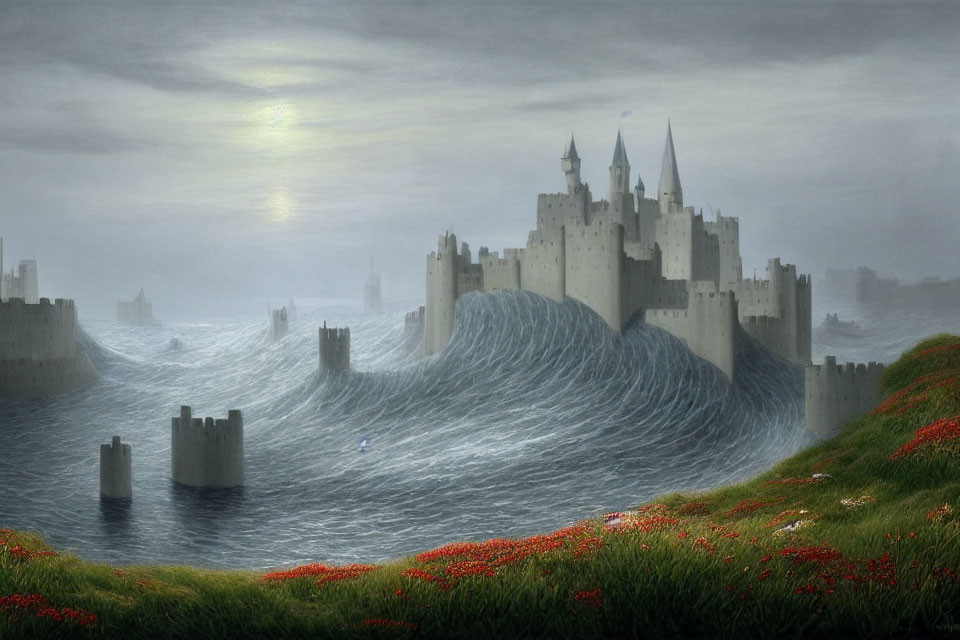 Fantasy landscape with castle on waves and red flowers in misty sky