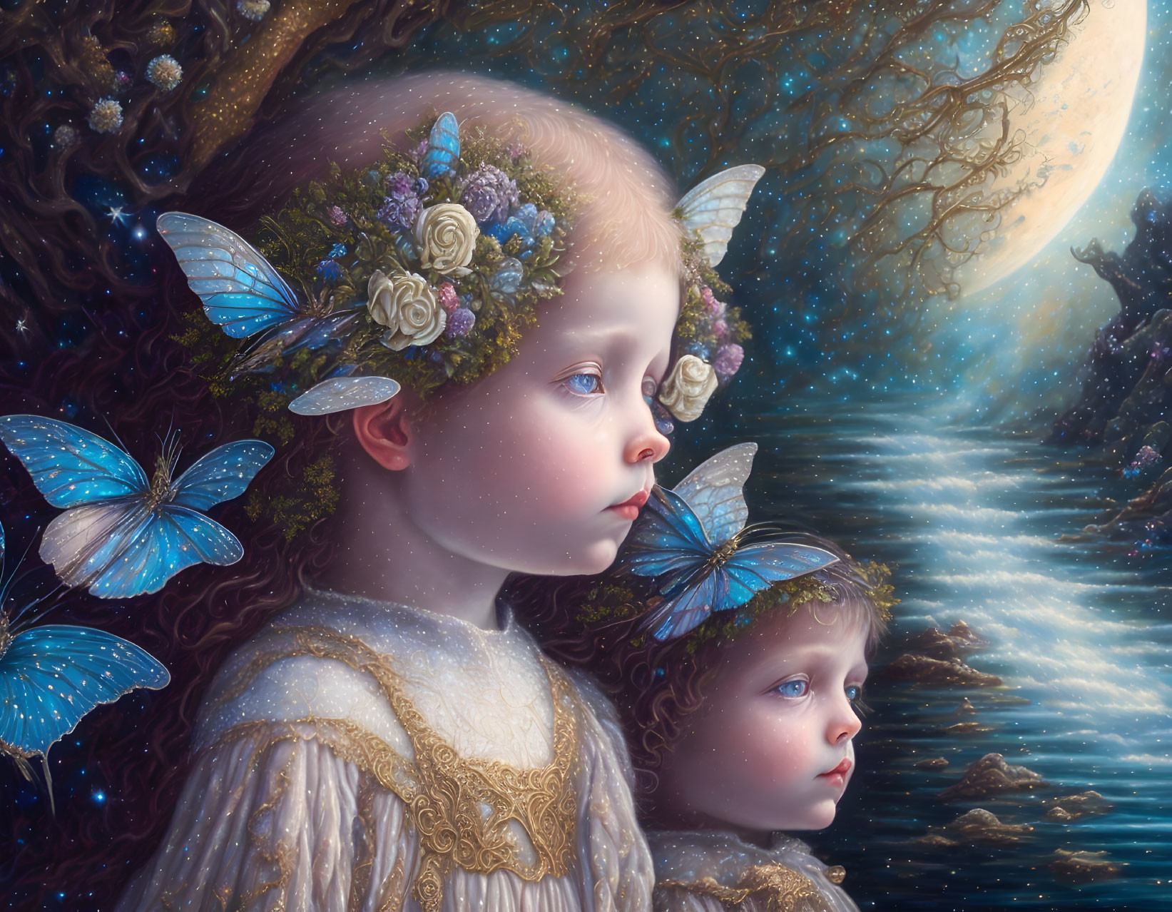 Ethereal children with butterfly wings in serene moonlit scene