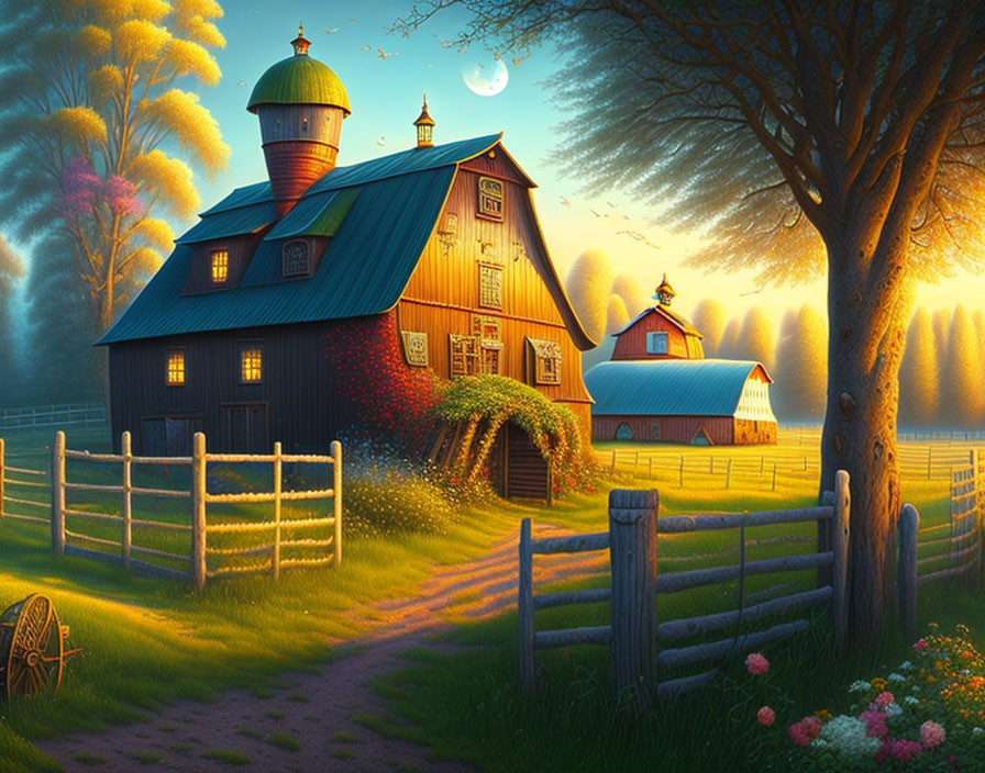 Vibrant blue barn in picturesque farm scene at sunset