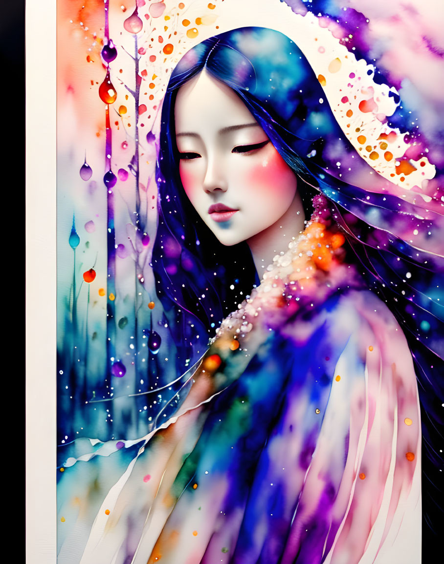 Colorful Woman Illustration with Flowing Hair and Abstract Paint Splatters