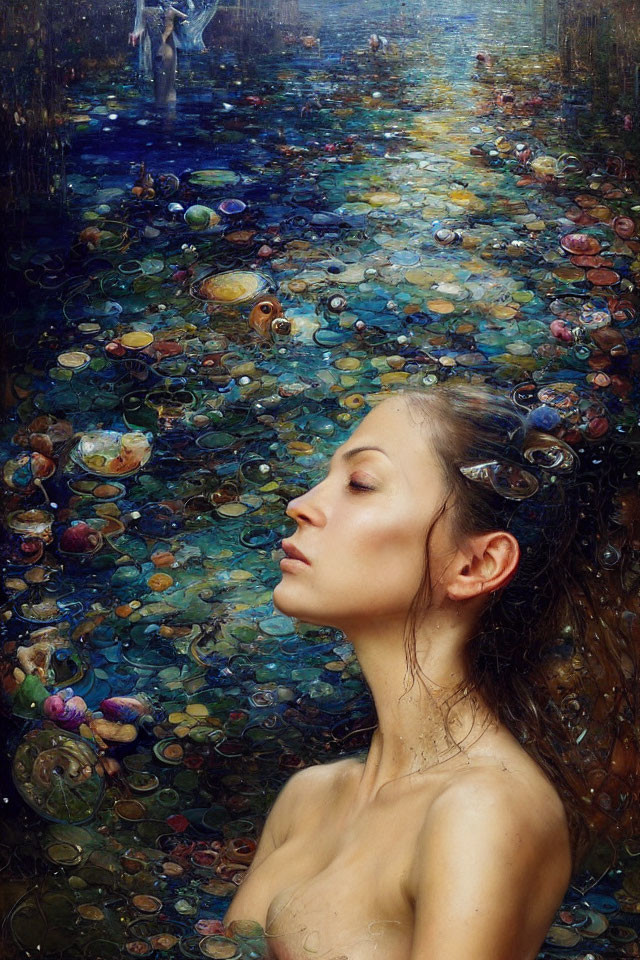 Serene woman floating among vibrant circles in dreamy scene