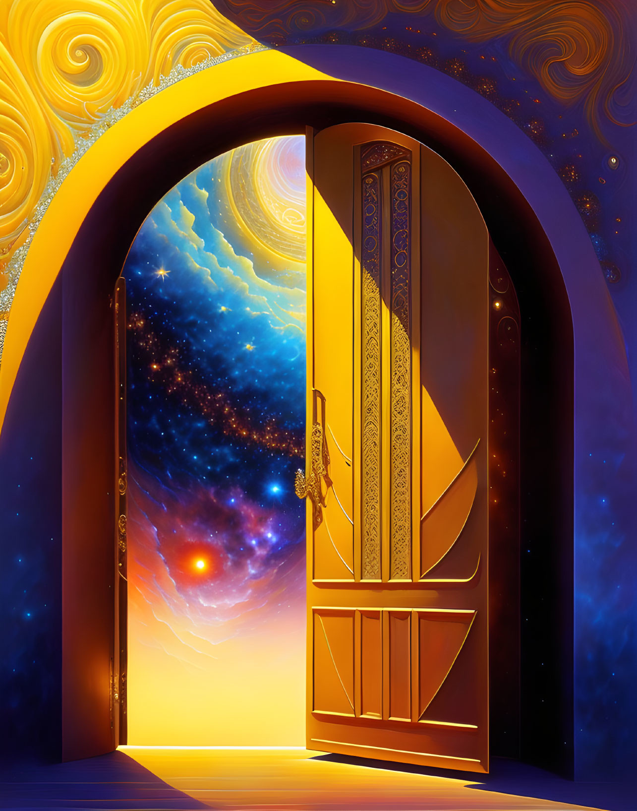 Colorful digital art: open door to cosmic scene with stars, nebulae, and celestial body