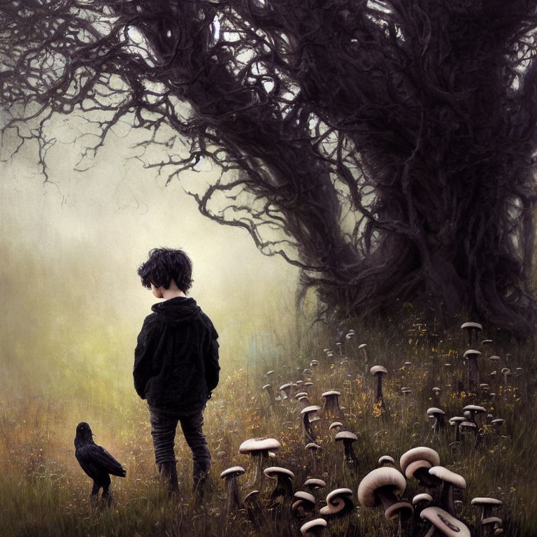 Child observing misty forest with gnarled trees, mushrooms, and black raven