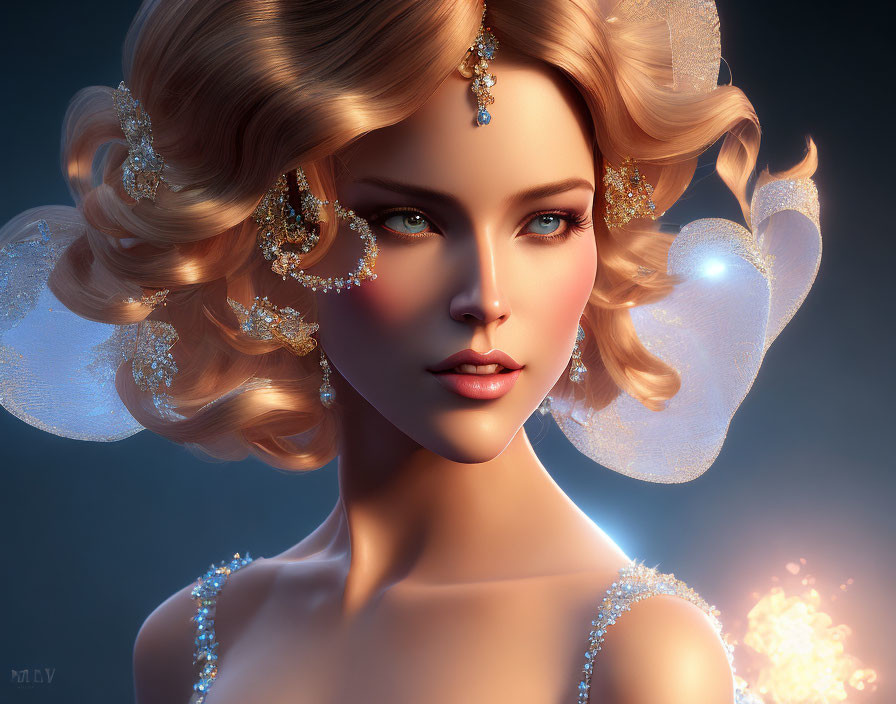 Blonde woman with blue eyes and ornate jewelry in digital 3D art