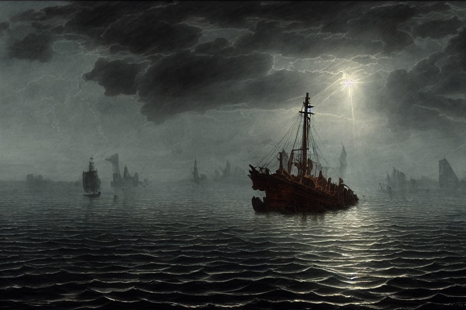 Sailing ships on stormy sea with dramatic lightning