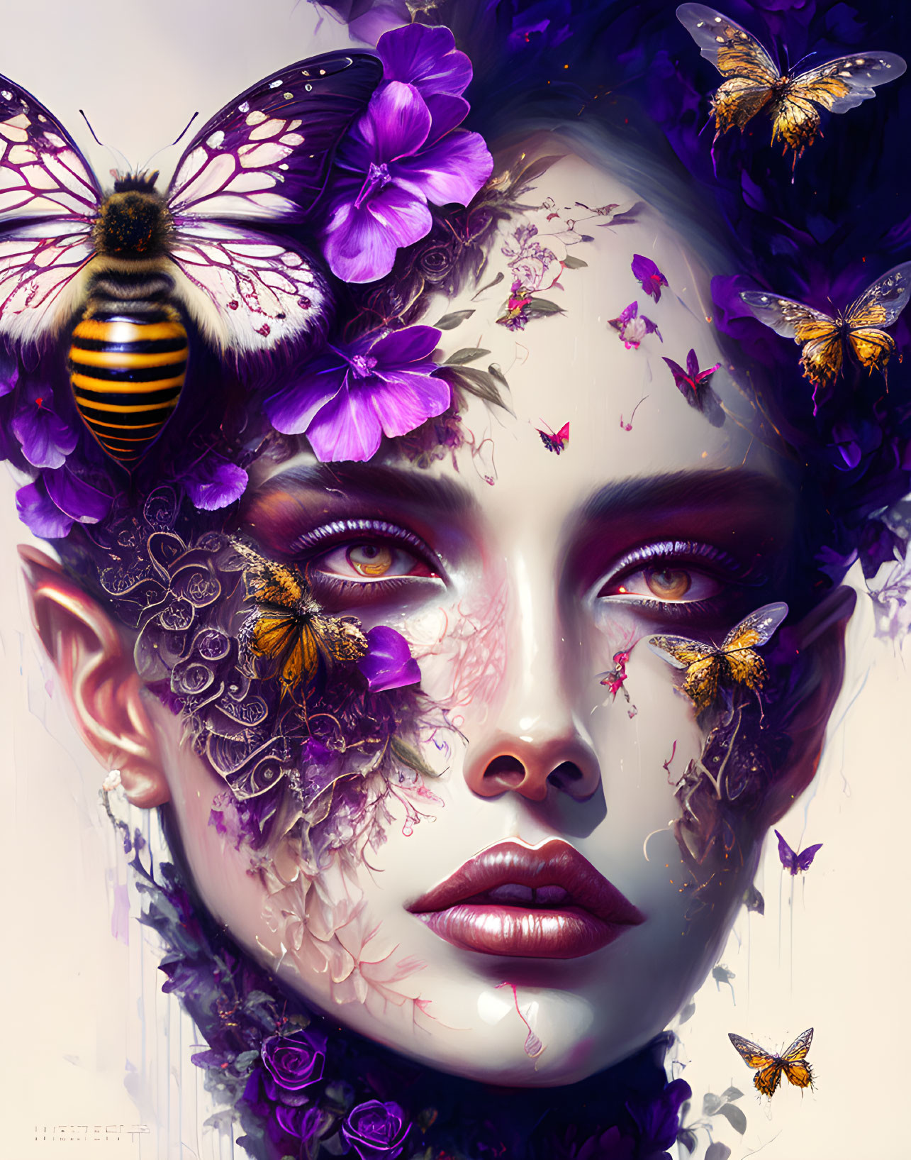 Digital portrait: Woman with violet floral and bee motifs, realistic butterflies