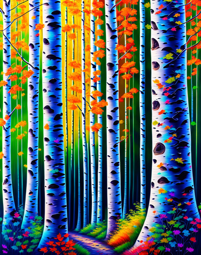 Colorful Autumn Forest Painting with Path and Vibrant Trees