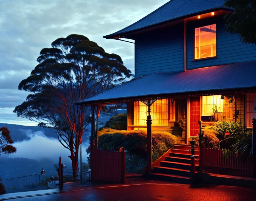 Blue House with Illuminated Windows Amid Misty Landscape