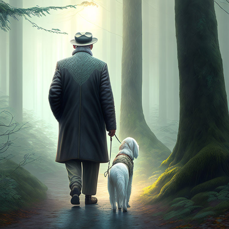 Elderly man with white dog in misty forest walk