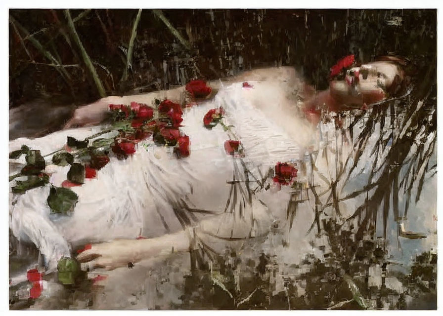 Woman in water with red roses on white dress - tranquil and somber portrait