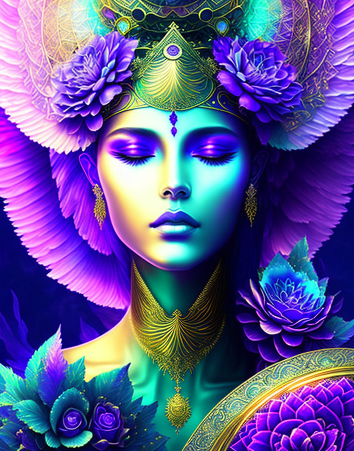 Colorful digital artwork of woman with ornate headdress and gold jewelry