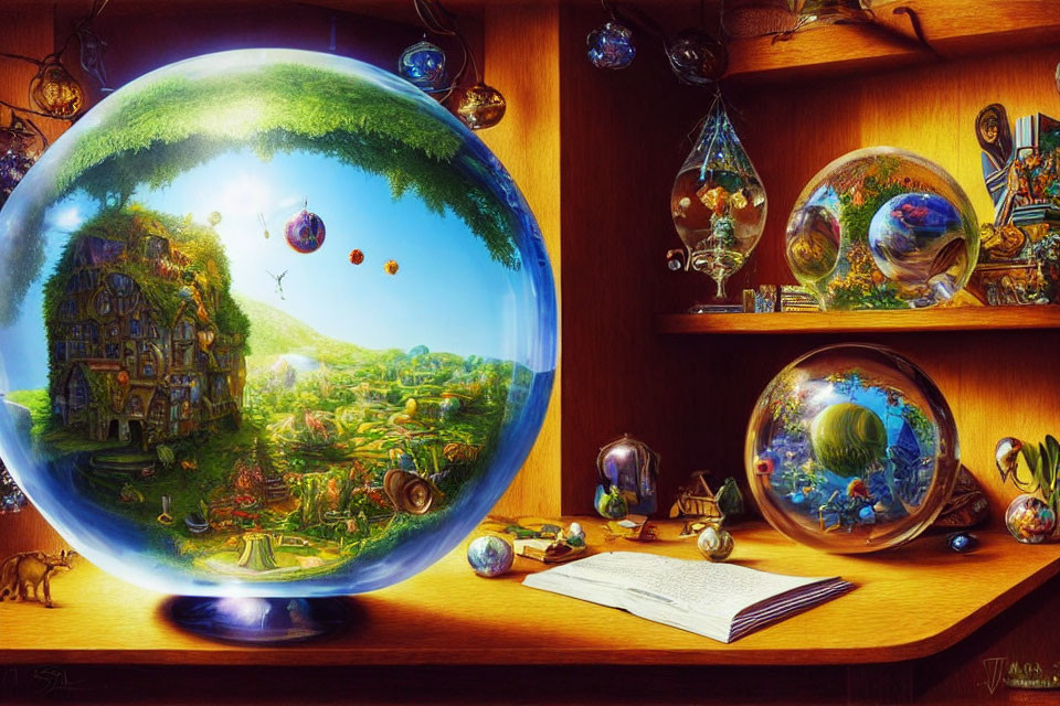 Colorful Artwork: Whimsical Scene in Glass Orbs on Wooden Shelf