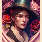 Digital artwork: Person with violet hair, blue eyes, adorned hat, among roses - vintage style