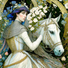 Fantasy scene with blue-haired woman and white horse